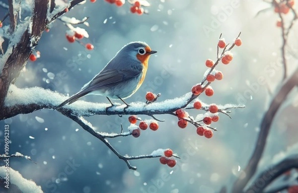Fototapeta European Robin on Snowy Hawthorn Branch. AI generated illustration.