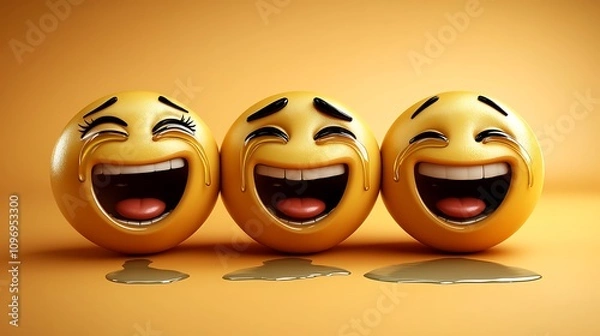 Fototapeta Three laughing emojis with tears, 3D render.