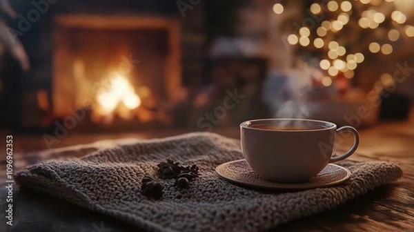Obraz Cozy winter scene with a steaming cup of tea on a knitted blanket in front of a fireplace.