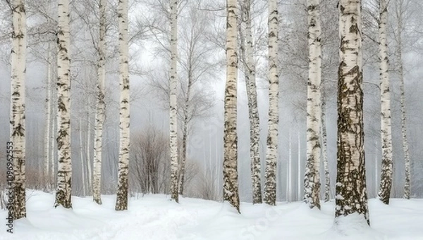 Fototapeta Birch Forest in Winter in the Style of an Acrylic Painting. AI generated illustration