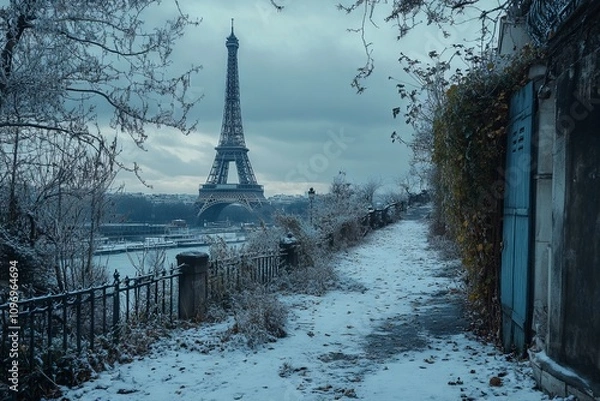 Fototapeta Eiffel Tower in Paris Covered in Snow. AI generated illustration