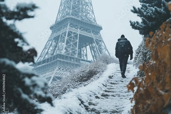 Fototapeta Eiffel Tower in Paris Covered in Snow. AI generated illustration