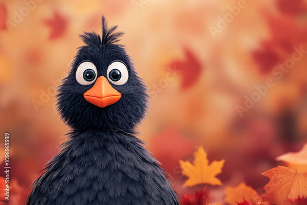 Fototapeta Whimsical cartoon bird with big eyes and joyful expression surrounded by falling autumn leaves, evoking charm and fun in a seasonal setting.