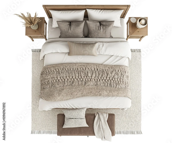 Fototapeta Top View of a Queen-Size Bed with Textured Throw Blanket, Bedside Tables, and a Bench at the Foot, Isolated on White Background