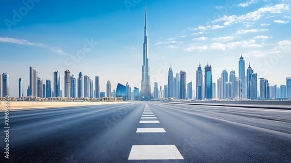 Fototapeta Dubai Skyline Viewed From Empty Highway Road