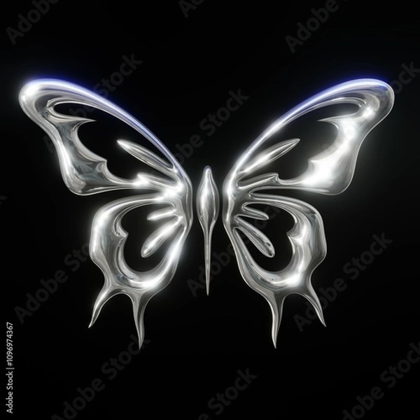 Fototapeta 3d chrome metal of y2k butterfly icon. 3d rendering illustration of abstract neo tribal cyber sigil metallic melted modern burn form. 3D Illustration