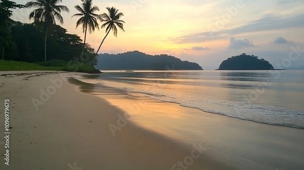 Fototapeta Serene sunrise over tropical beach with palm trees and calm ocean.