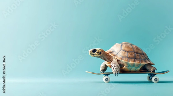 Fototapeta A turtle glides confidently on a skateboard across a serene, aquamarine backdrop, exuding a sense of calm amidst vibrant adventure.