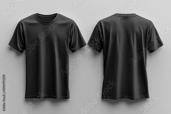 Fototapeta clean mockup of a black t-shirt showcasing front and back views in a 3d rendering, offering a blank canvas for custom designs, perfect for showcasing sports apparel