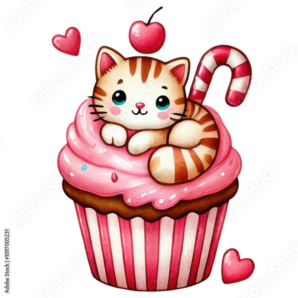 Fototapeta Illustration of pink frosted cupcake featuring cute cat, candy cane, hearts, and a cherry on top, symbolizing sweetness and fun.
