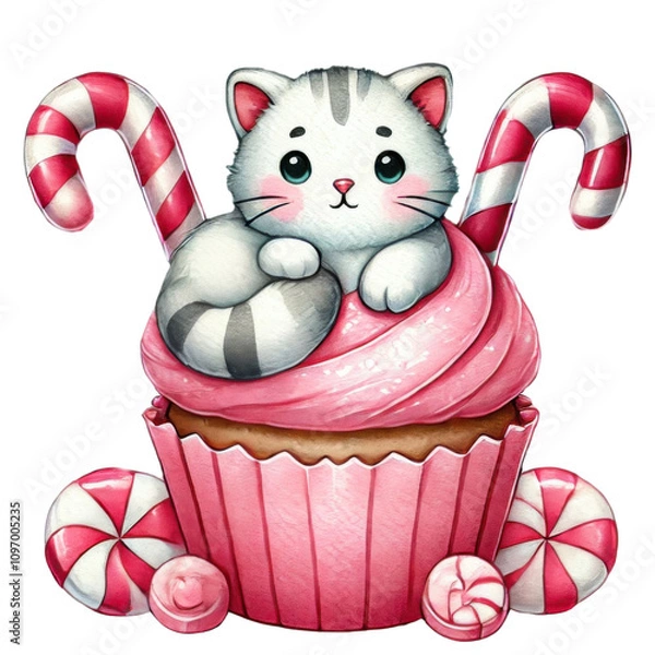 Fototapeta Illustration of pink frosted cupcake featuring cute cat, candy cane, hearts, and a cherry on top, symbolizing sweetness and fun.