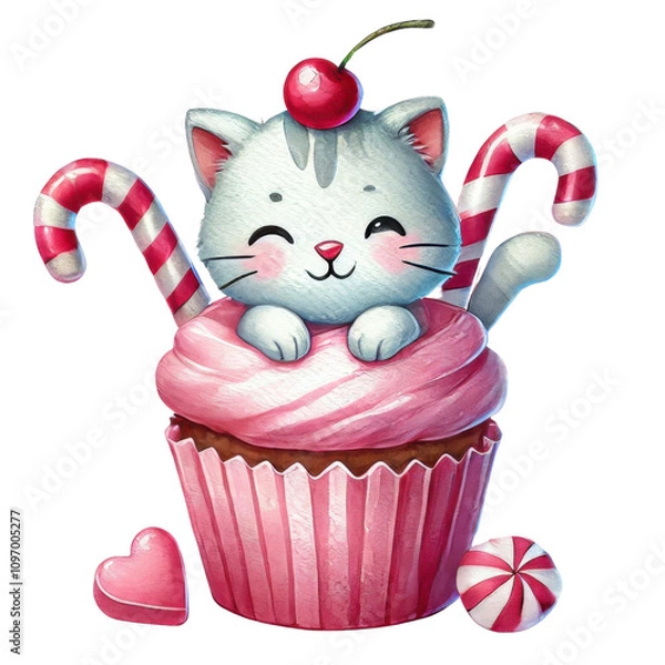 Fototapeta Illustration of pink frosted cupcake featuring cute cat, candy cane, hearts, and a cherry on top, symbolizing sweetness and fun.