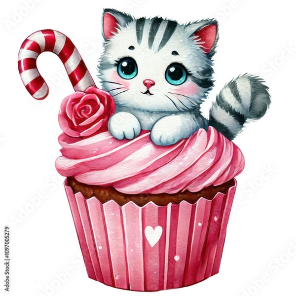 Fototapeta Illustration of pink frosted cupcake featuring cute cat, candy cane, hearts, and a cherry on top, symbolizing sweetness and fun.