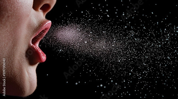 Obraz Viral particles surrounding a person's mouth, illustrating the transmission of airborne pathogens during health crises. Generative AI