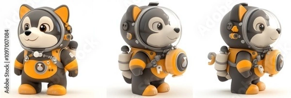 Fototapeta A cute cartoon dog in a space suit with a backpack, designed for playful adventures.