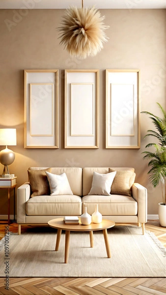 Fototapeta Mockup frame in Scandinavian living room interior, 3d render, white Mock up frame