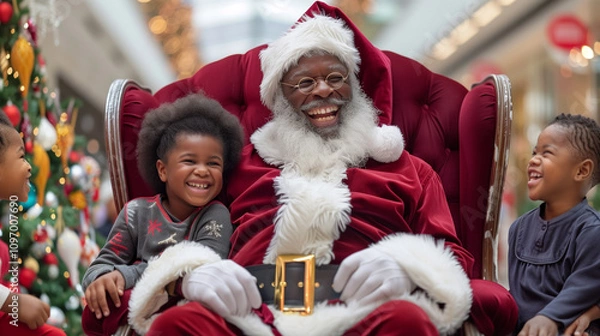 Fototapeta Jovial African American Santa Claus With Happy Children In His Chair At The Shopping Center. Generative AI.