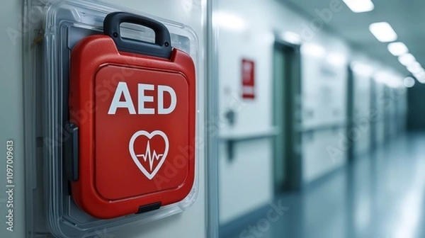 Obraz AED Medical Device in Hospital Corridor for Emergency Care