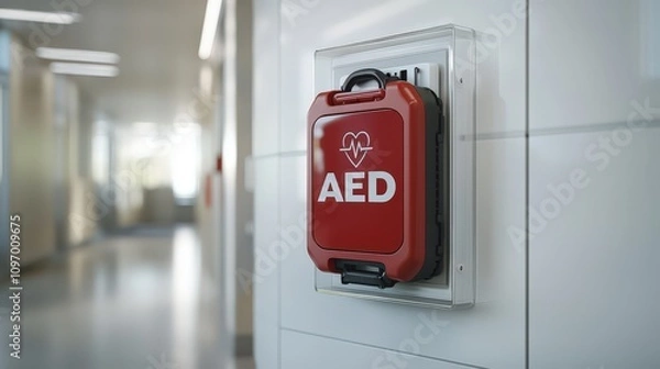 Obraz AED Medical Device in Hospital Corridor for Emergency Care