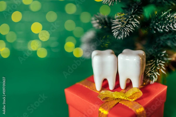 Fototapeta Two models of white plastic teeth stand on a gift on a blurred background. Dentistry. Dental care. New Year, Christmas, Saint Nicholas Day. Place for text. Banner.