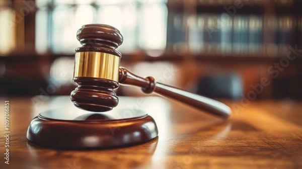 Fototapeta Gavel rests on wooden block in library setting