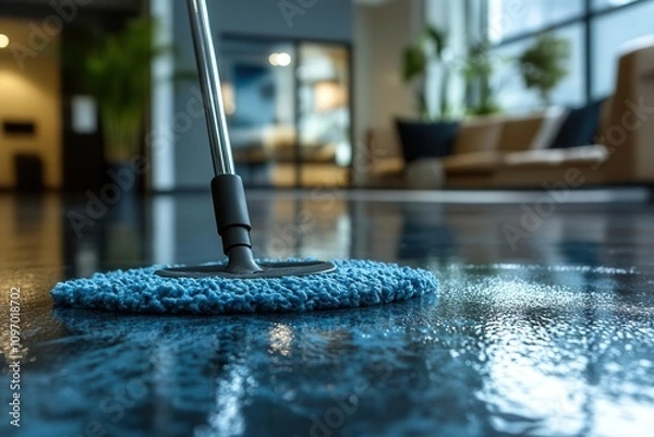 Fototapeta detail of a diligent cleaning service worker using a mop in a well-kept office space, highlighting the importance of cleanliness and professionalism in the workplace