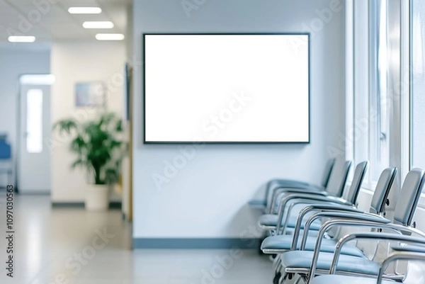 Obraz Modern waiting area with empty chairs and a blank digital screen, creating a calm and spacious atmosphere. Placeholder, blank screen