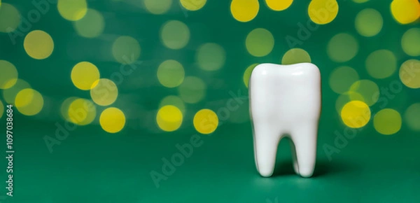 Fototapeta Model of white plastic teeth standing on a christmas blurred background. Dentistry. Dental care. New Year, Christmas, St. Nicholas Day. Space for text. Banner