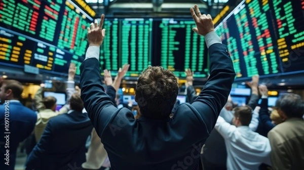 Fototapeta Excited traders celebrating stock market gains in a bustling trading floor.