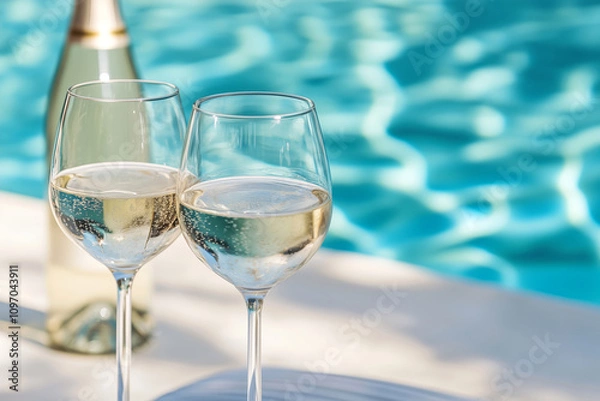 Fototapeta A bottle of sparkling wine and glasses served by the poolside