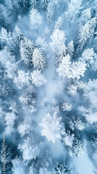 Fototapeta Aerial view of a snow-covered forest in winter, showcasing frosty trees and serene beauty.