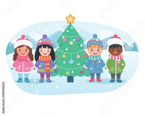 Fototapeta Merry Christmas concept. Cute and friendly multinational children holding hands and Christmas tree on white background. Poster, Banner, Flyer, Greeting Card. Vector illustration in flat cartoon style