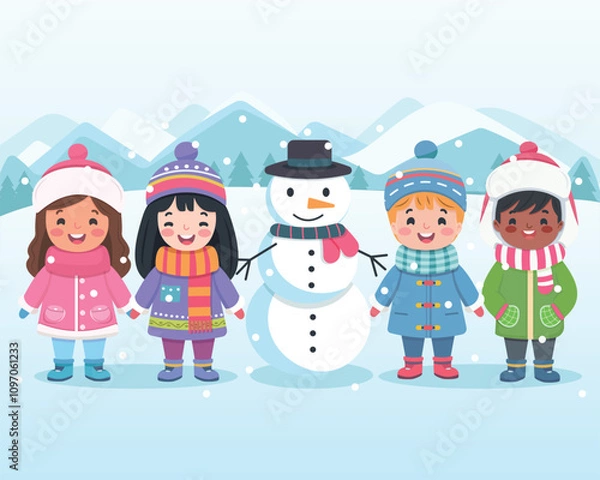 Fototapeta Merry Christmas concept. Cute and friendly multinational children holding hands and snowman under snow. Poster, Banner, Flyer, Greeting Card. Vector illustration in flat cartoon style