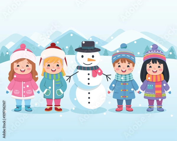 Fototapeta Merry Christmas concept. Cute and friendly multinational children holding hands and snowman under snow. Poster, Banner, Flyer, Greeting Card. Vector illustration in flat cartoon style