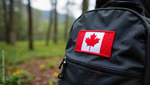 Fototapeta Backpack with a Canadian flag patch in a serene forest setting