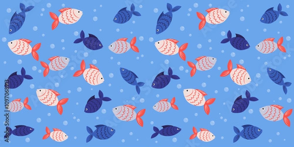 Fototapeta Repeating seamless pattern of doodle fish. Vector illustration in cartoon style. Blue,gray and cream color fish on blue background.For wtapping paper, covers, backgrounds, textile.