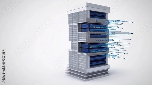 Fototapeta A digital server tower with data streams, symbolizing technology and data processing.