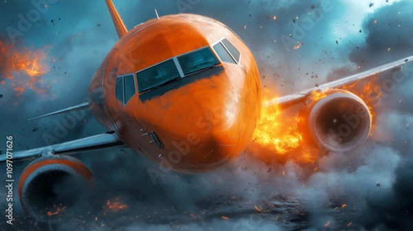 Fototapeta Orange airplane in fiery explosion amid smoke and chaos during turbulent aerial situation