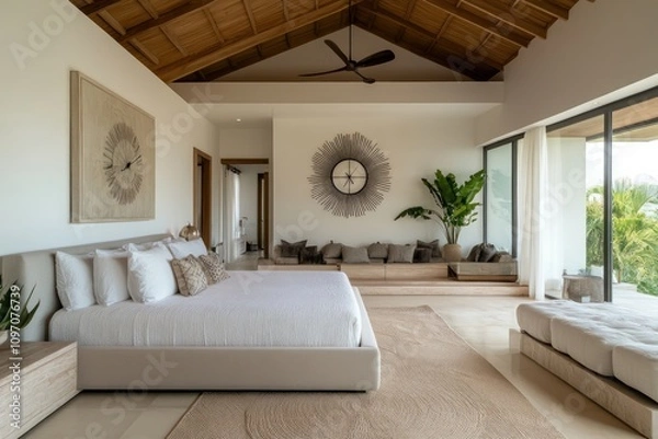 Obraz Spacious modern bedroom with a high ceiling, minimalist decor, and a statement wall clock.