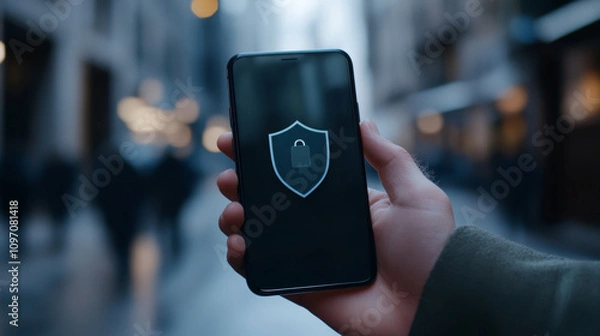 Fototapeta A hand holds a phone showing a shield icon.  The phone is safe from hackers, viruses, and spam thanks to its antivirus protection.  It's secure.