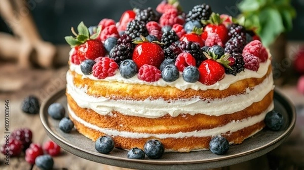 Fototapeta Gourmet dessert featuring a cream-covered cake topped with colorful seasonal fruits, styled on a minimalist plate