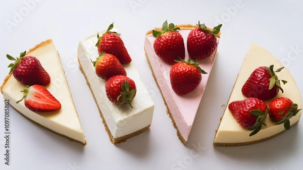 Fototapeta Four separate pieces of cheesecake, topped with delicious strawberries.