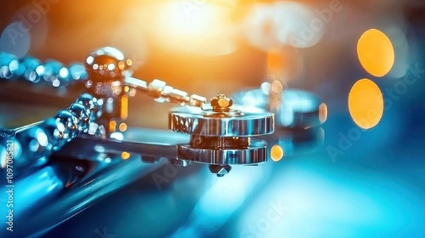 Fototapeta Abstract close up of shiny metal mechanism with blurred lights