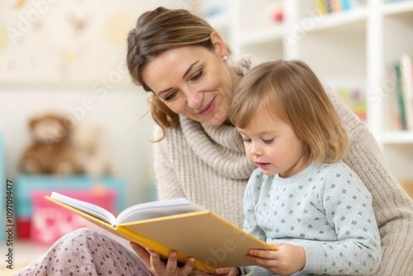 Fototapeta A mother and her young daughter sit together in a playroom, enjoying a story. The mother smiles gently as the little girl attentively looks at the pages, surrounded by colorful shelves and toys.