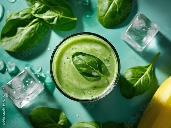 Fototapeta Green smoothie prepared with fresh spinach and banana served in a glass with ice on a turquoise background