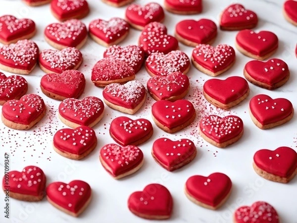 Fototapeta Heart-shaped cookies decorated with red icing and sprinkles arranged on a white surface for a celebration