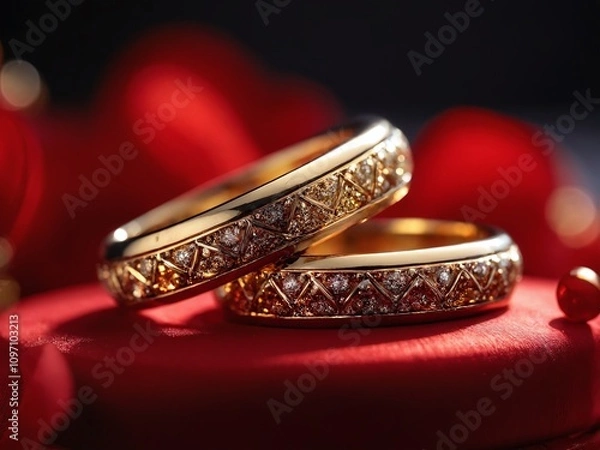 Fototapeta Elegant wedding rings displayed on a red velvet cushion with a romantic background