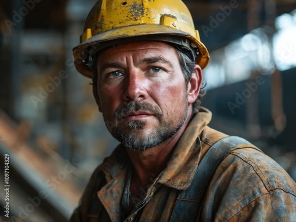 Fototapeta Skilled worker in hard hat reflecting resilience and determination at construction site during daylight hours