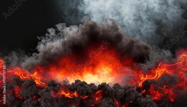 Fototapeta Dynamic explosion border featuring dark, billowing smoke and vivid red lava, capturing a powerful scene of molten energy and destruction in high-detail for dramatic visual impact. ( chars)