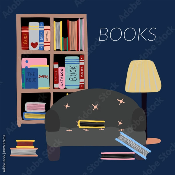 Fototapeta Sofa bookshelf books lamp cozy vector artwork 